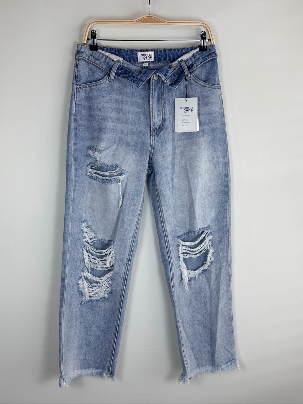 Insane Gene Flip Straight Foldover Waist Raw Hem Distressed Jeans 7/27